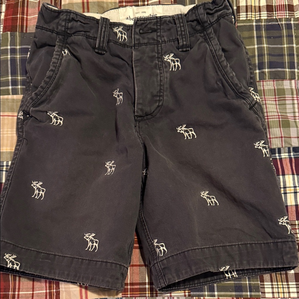Kids  Distressed Navy Shorts with Embroidered Moose